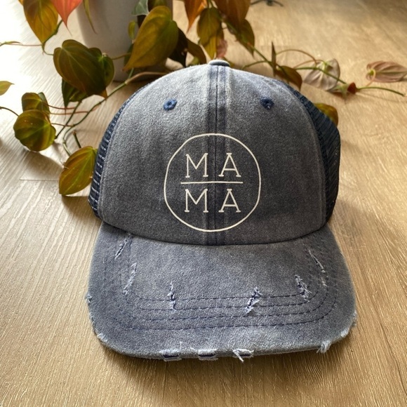 Womenβs MAMA Mom Ponytail Trucker Hat Baseball Hat Blue Distressed Vintage Wash - Picture 2 of 5